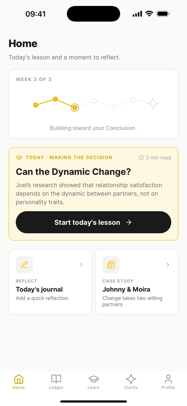 The Relationsight home screen, today's lesson and a moment to reflect