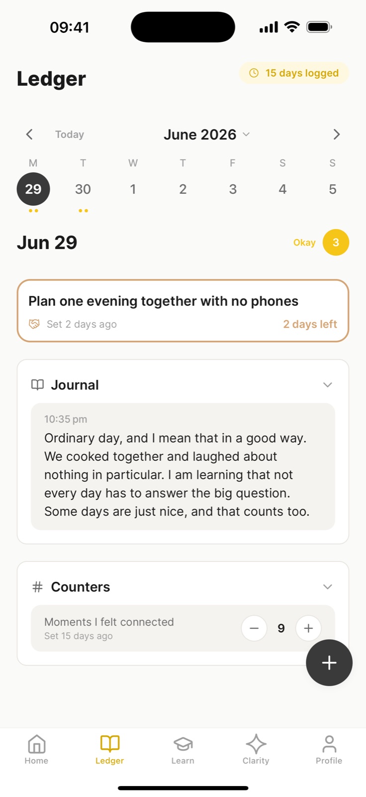 The Relationsight Ledger, a day of journals, a commitment and a counter