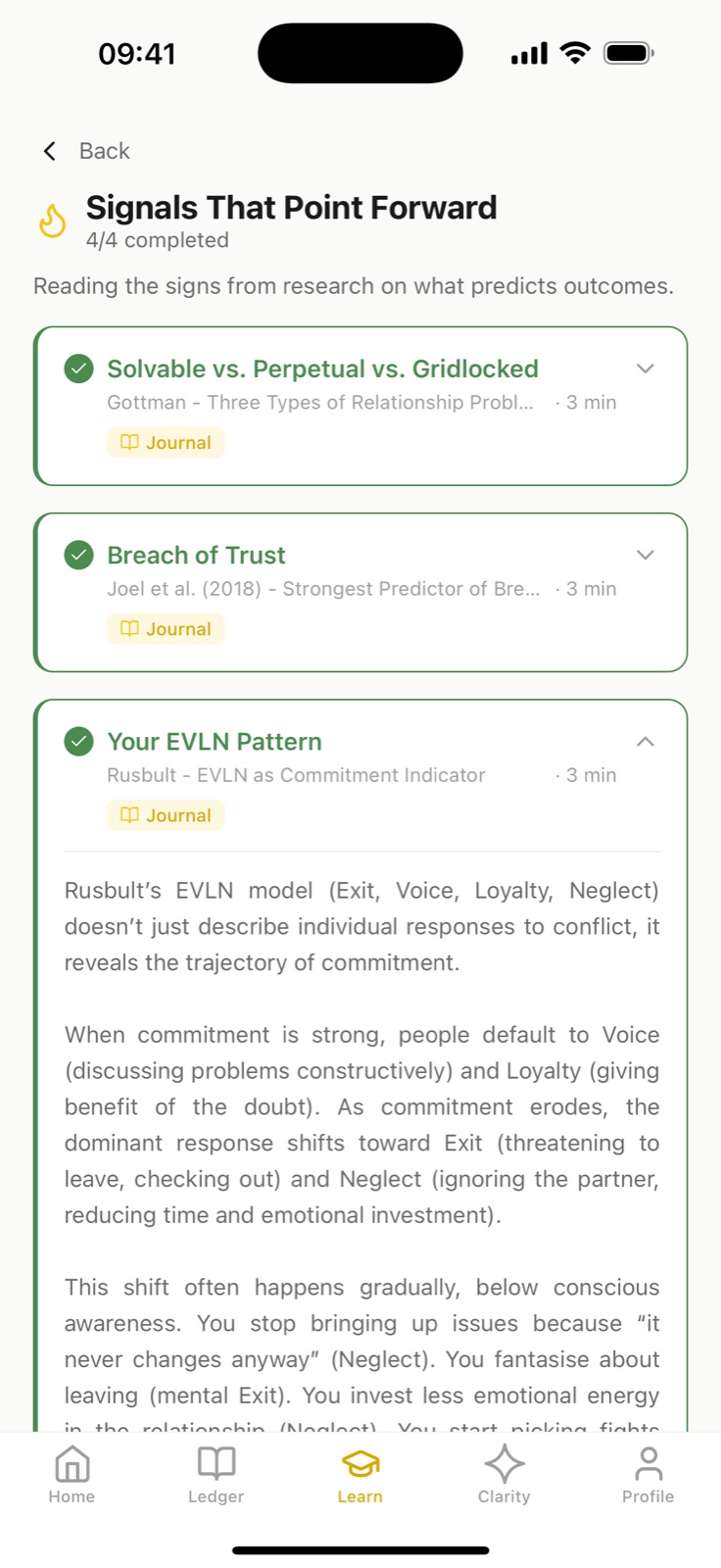 Research-backed lessons in the Learn tab