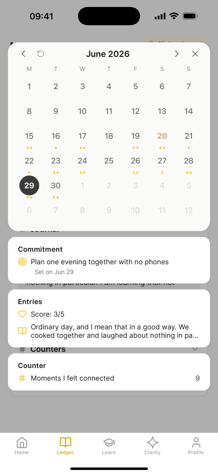 A day's journal, score and commitment at a glance
